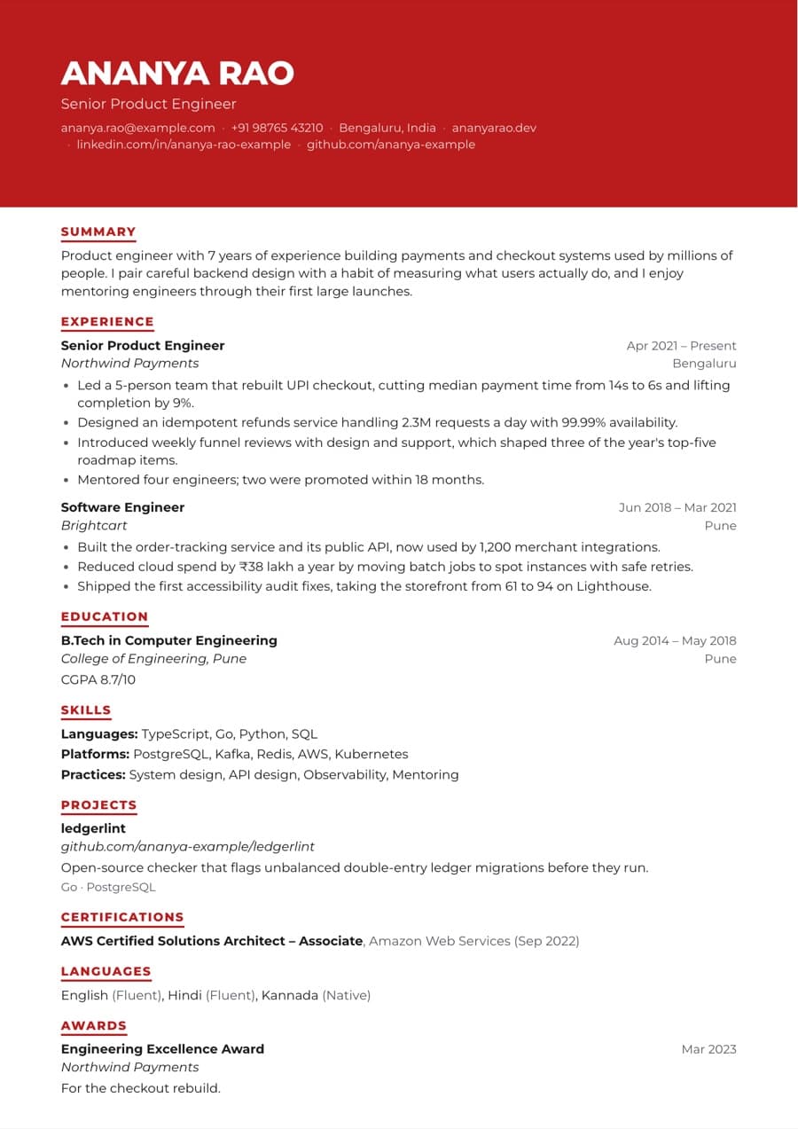 Bold resume template preview with an example resume