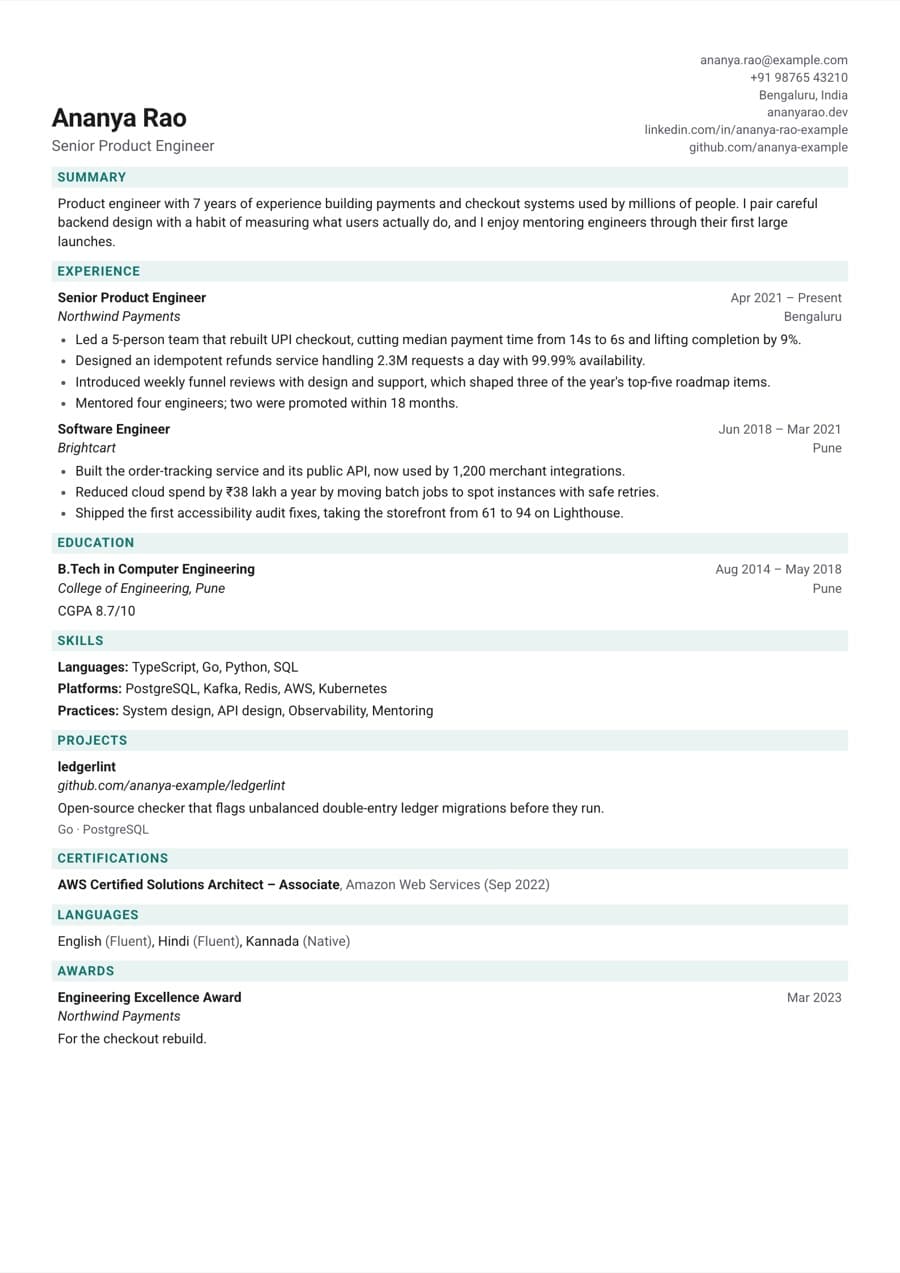 Compact resume template preview with an example resume