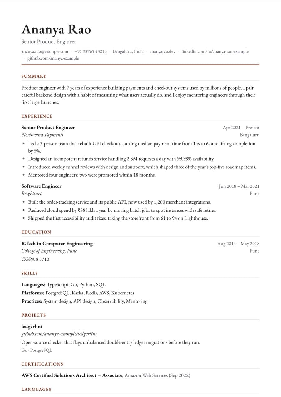 Executive resume template preview with an example resume