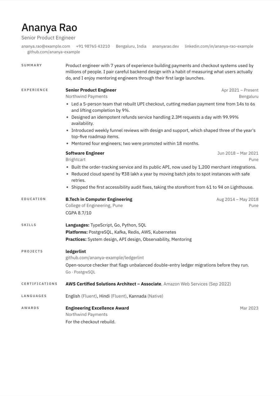 Minimal resume template preview with an example resume