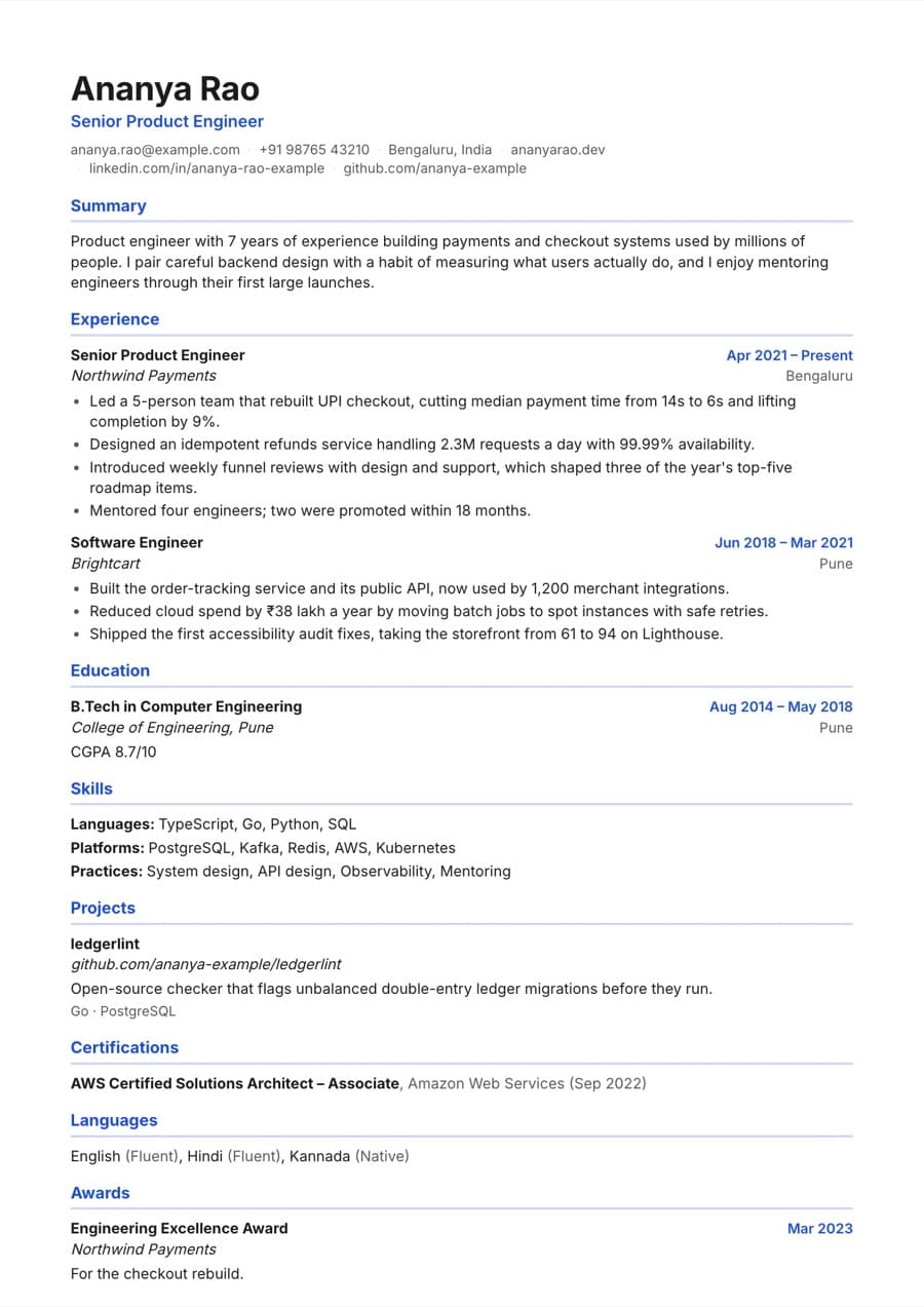 Modern resume template preview with an example resume