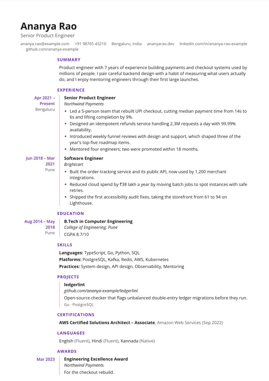 Timeline resume template preview with an example resume