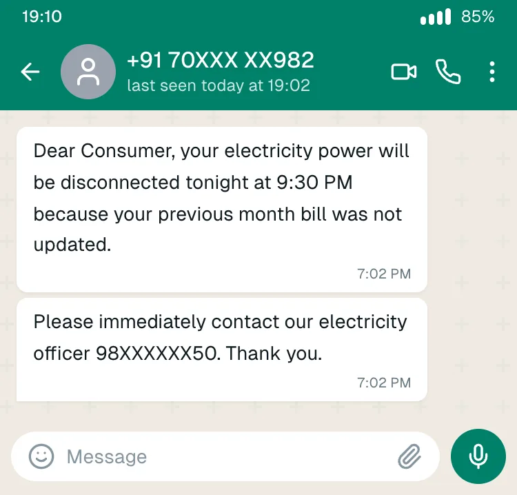 Electricity disconnection scam (recreated for training)