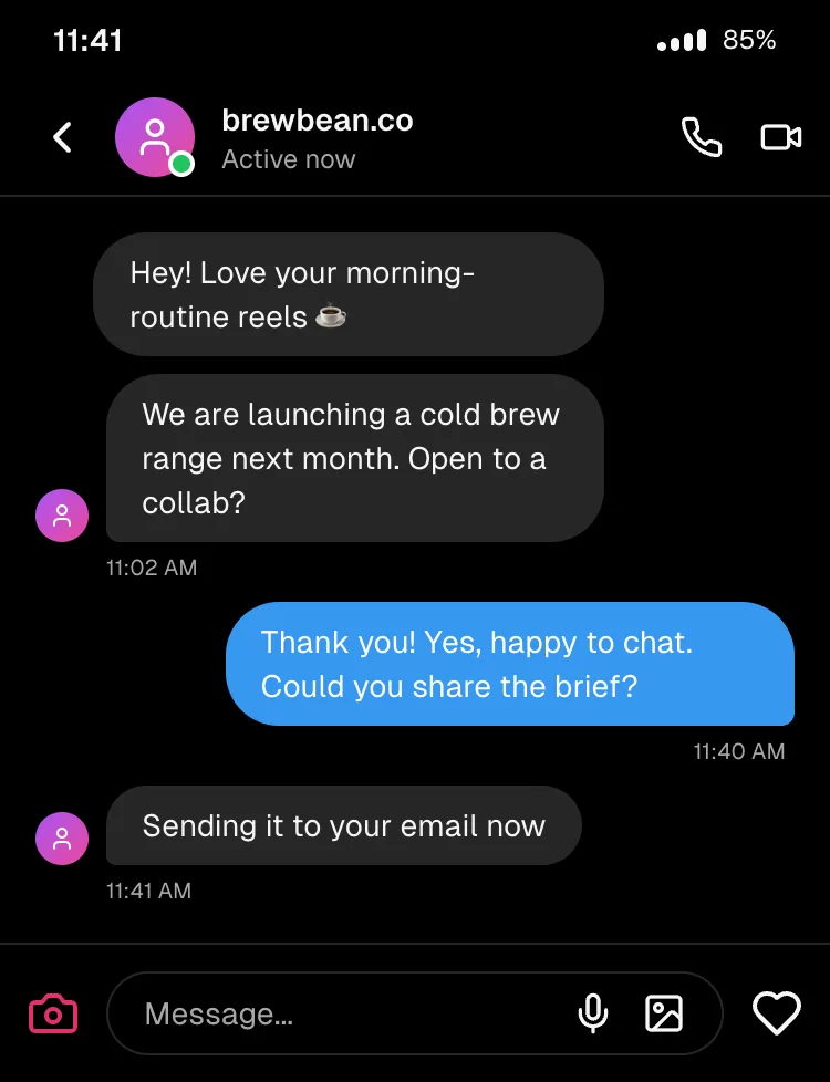 Instagram DM, dark: brand collab outreach