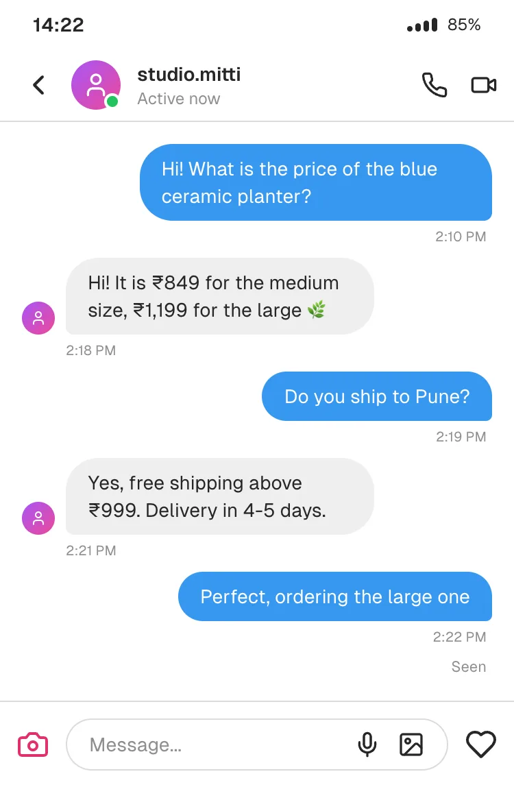 Instagram DM, light: a "DM for price" sale