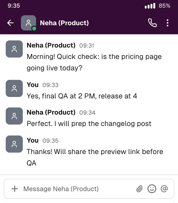 Slack: release-day stand-up check-in