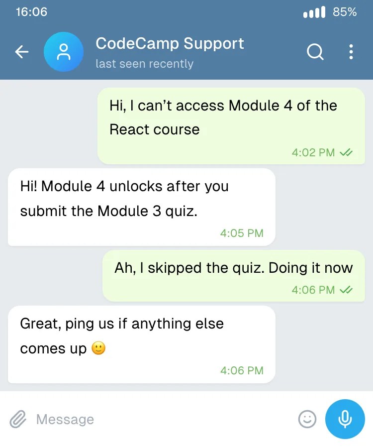 Telegram: online course support question