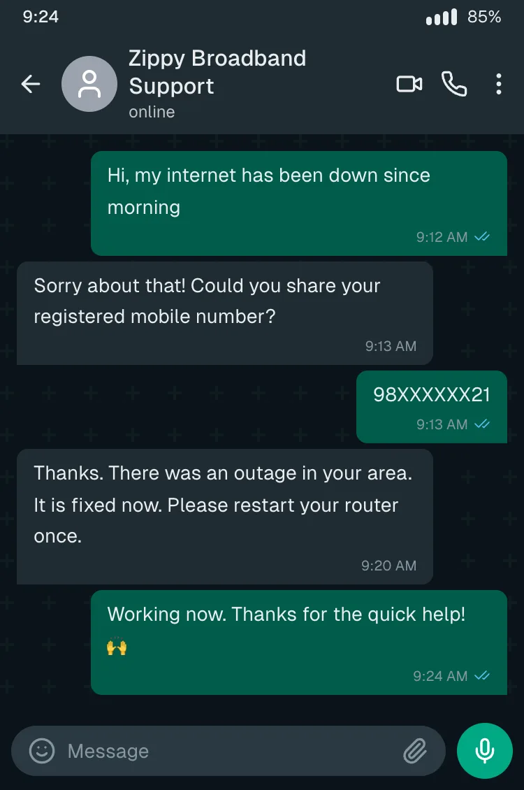 WhatsApp (dark): broadband support issue resolved