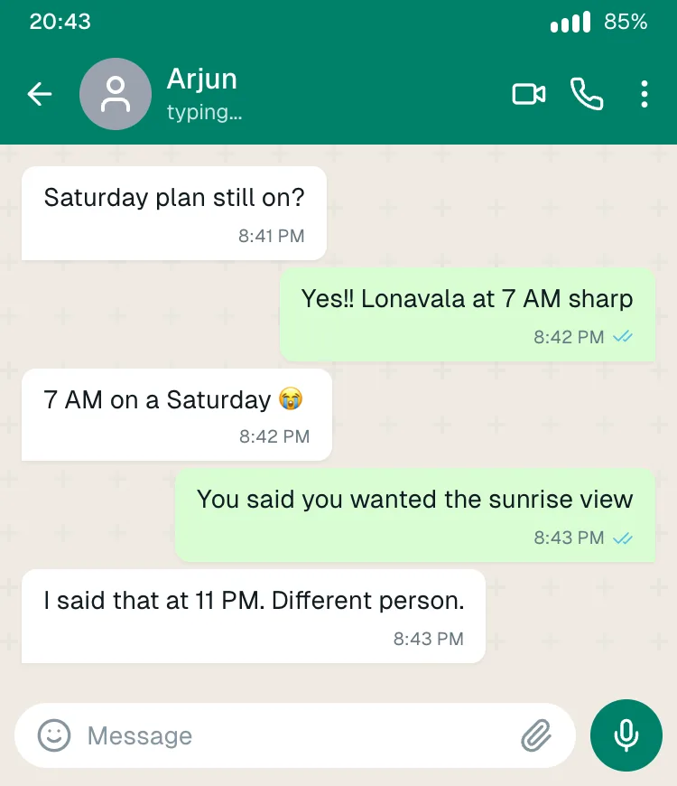 WhatsApp: friends planning a 7 AM trip (with "typing...")