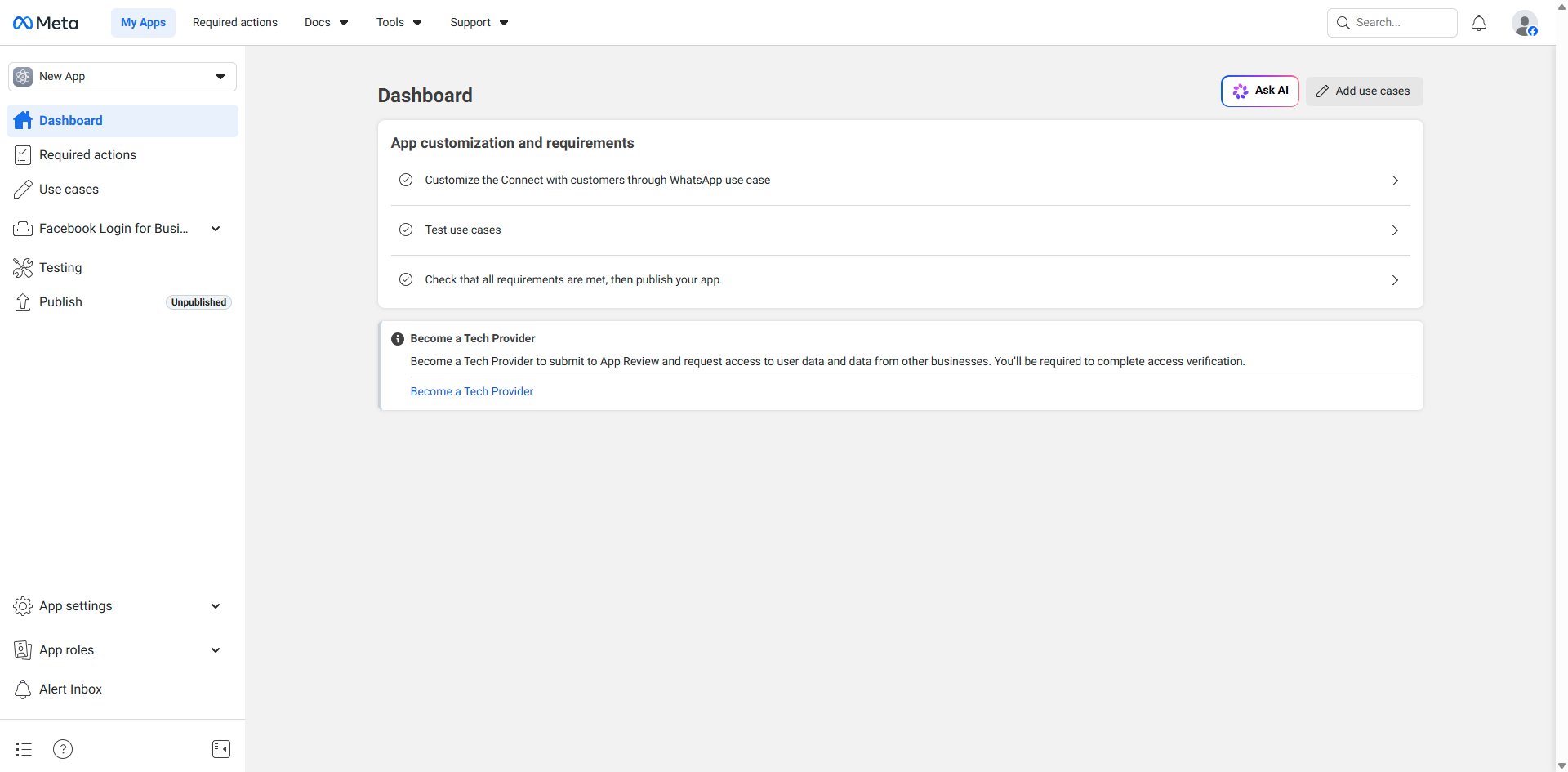 App dashboard after creation