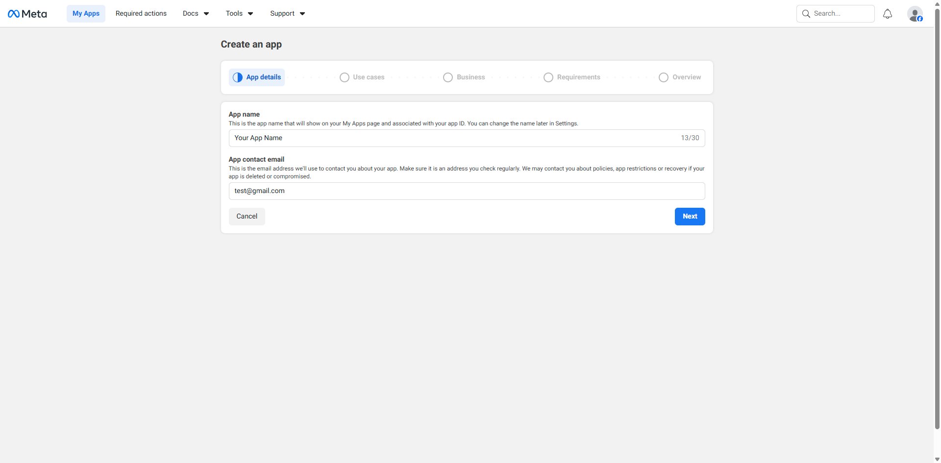 App details screen — enter app name and contact email
