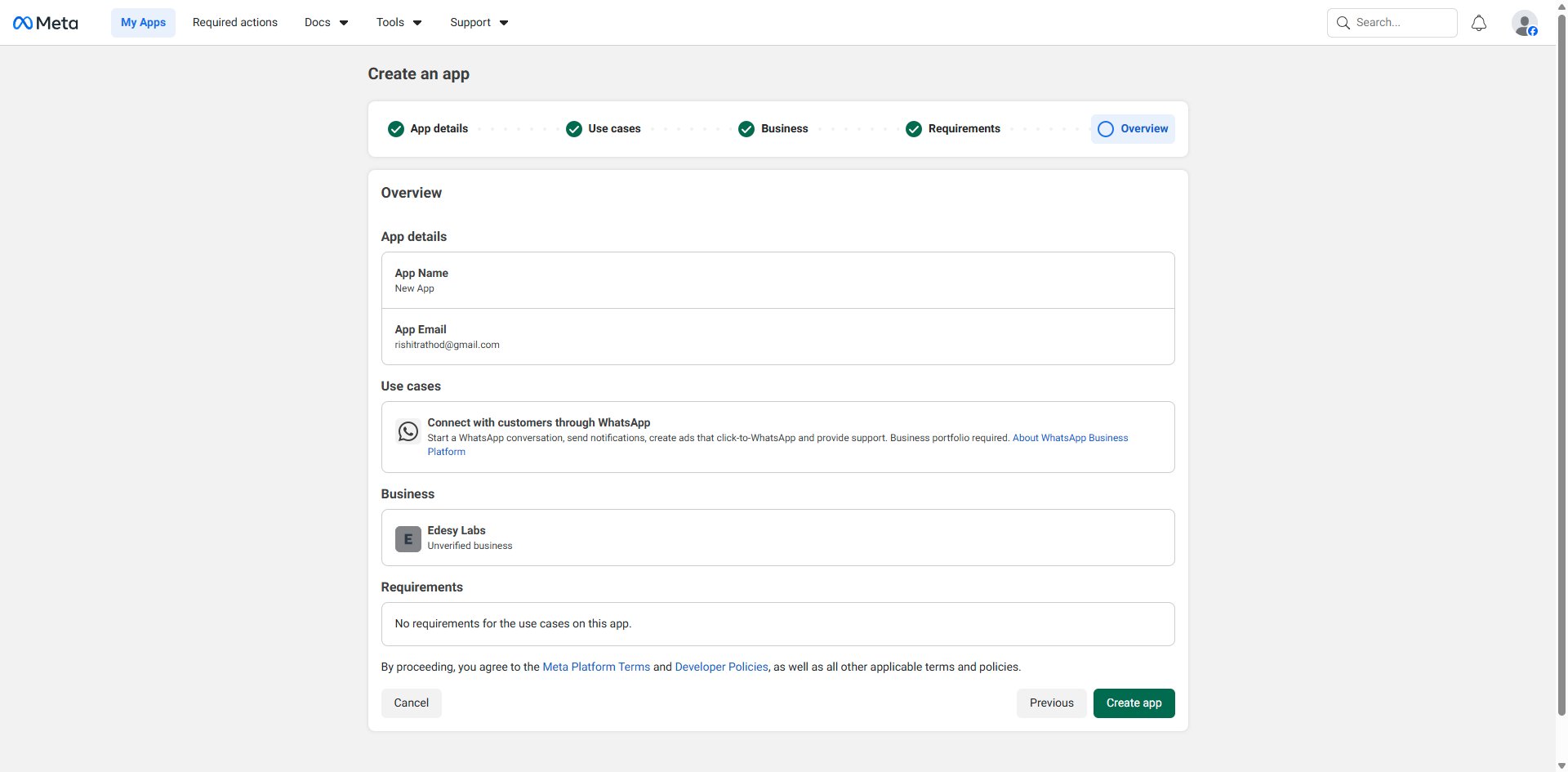 Overview screen — review and create the app