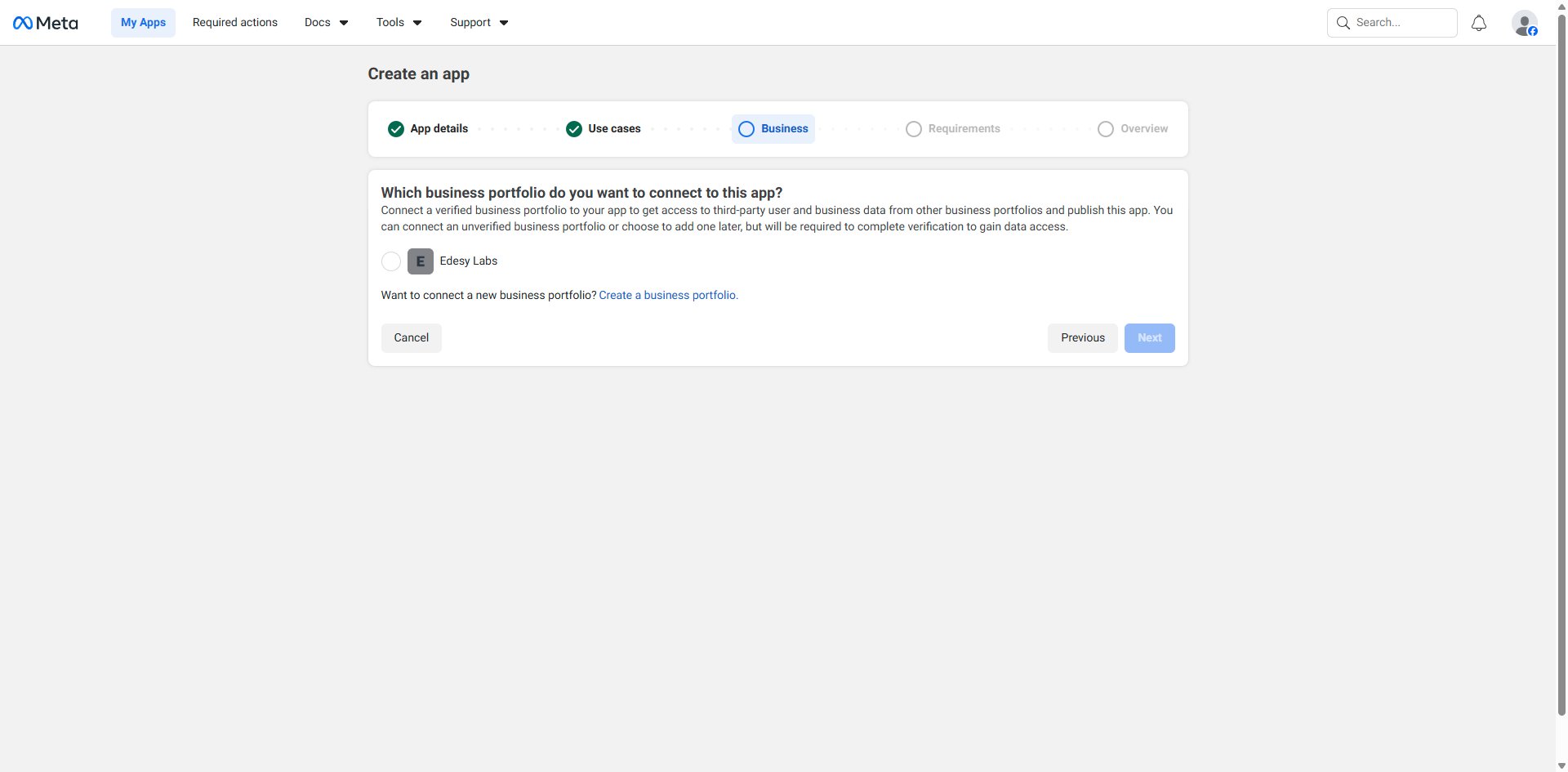 Business screen — select or create a business portfolio
