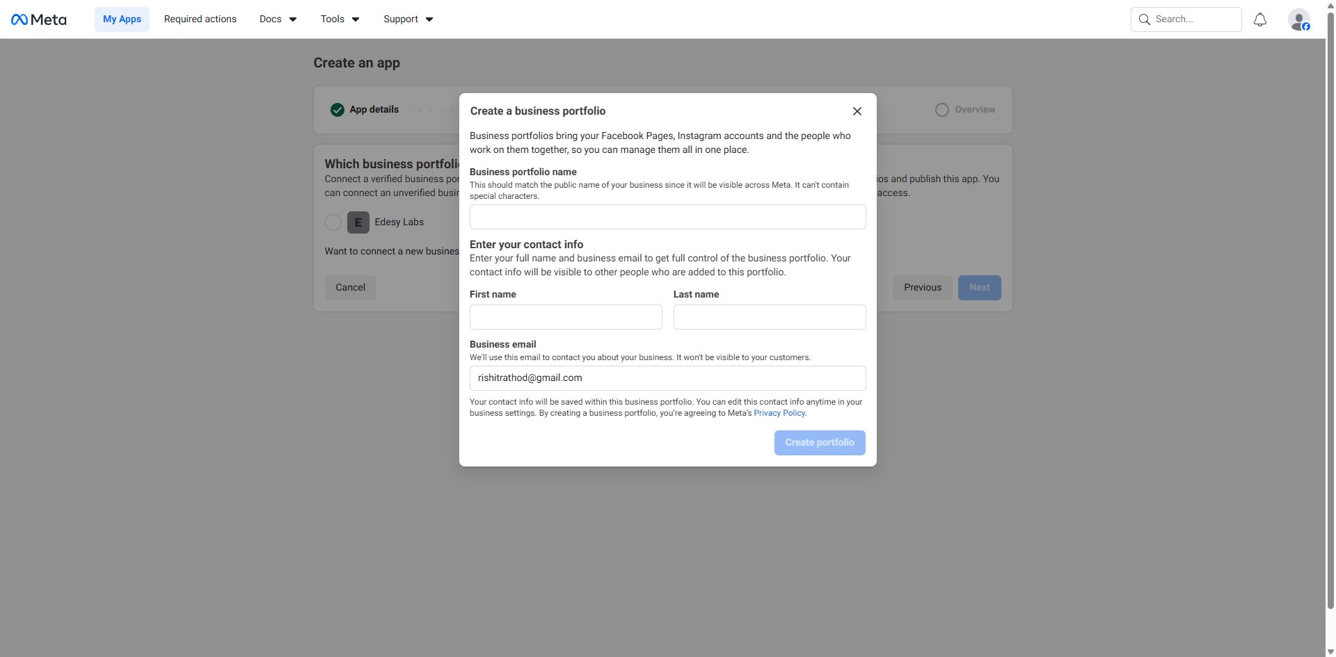 Create business portfolio modal