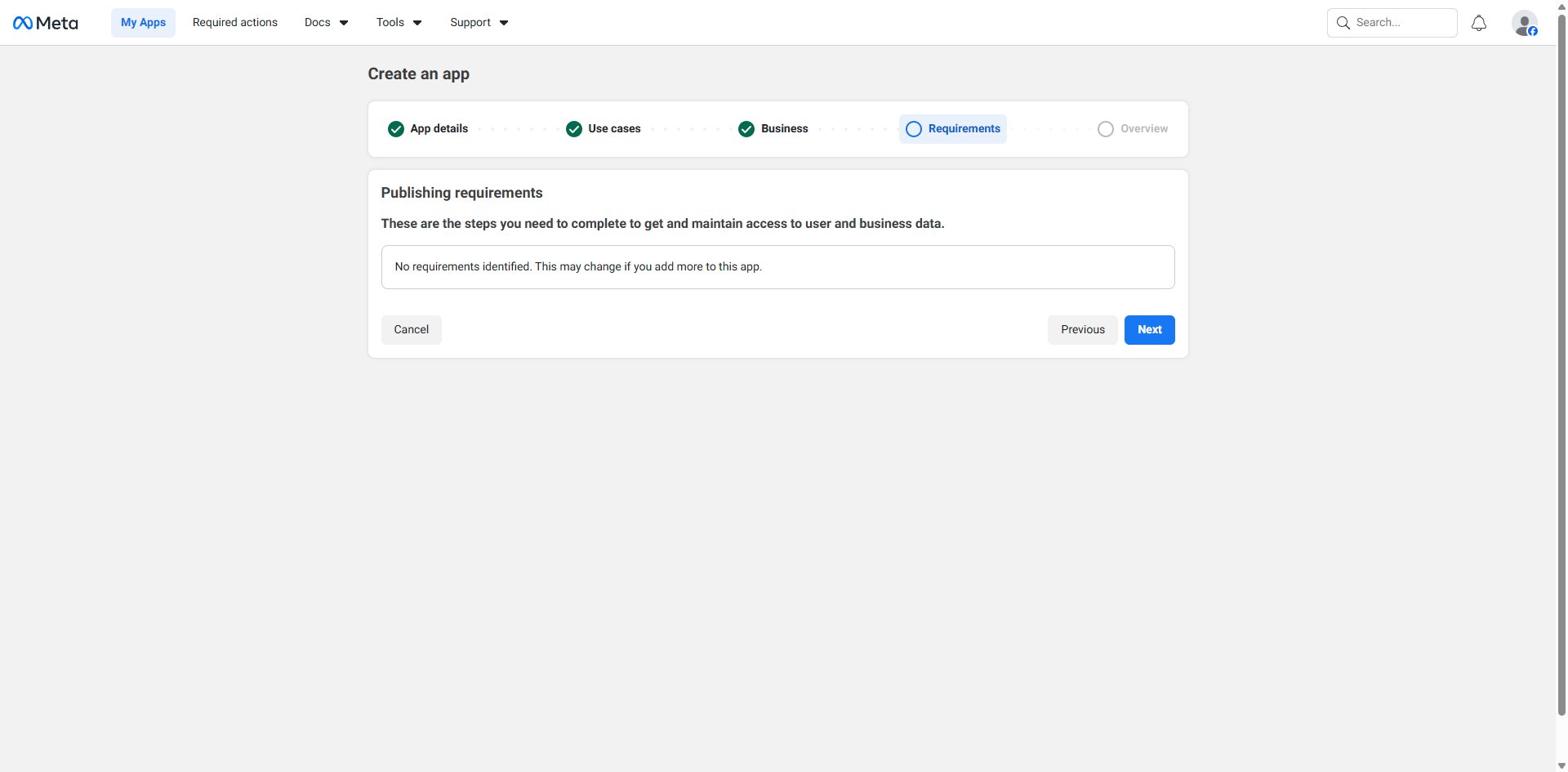 Publishing requirements screen