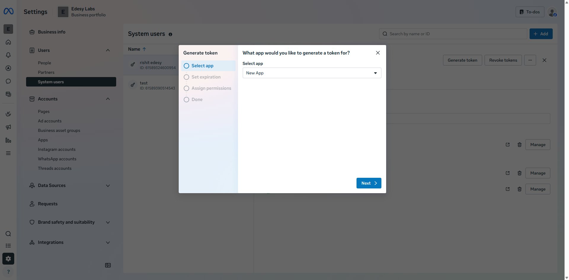 Assign assets — Apps tab with Manage app Full control enabled