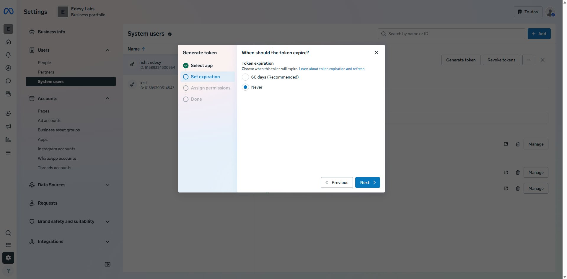 Assign assets — WhatsApp accounts tab with Everything Full control enabled