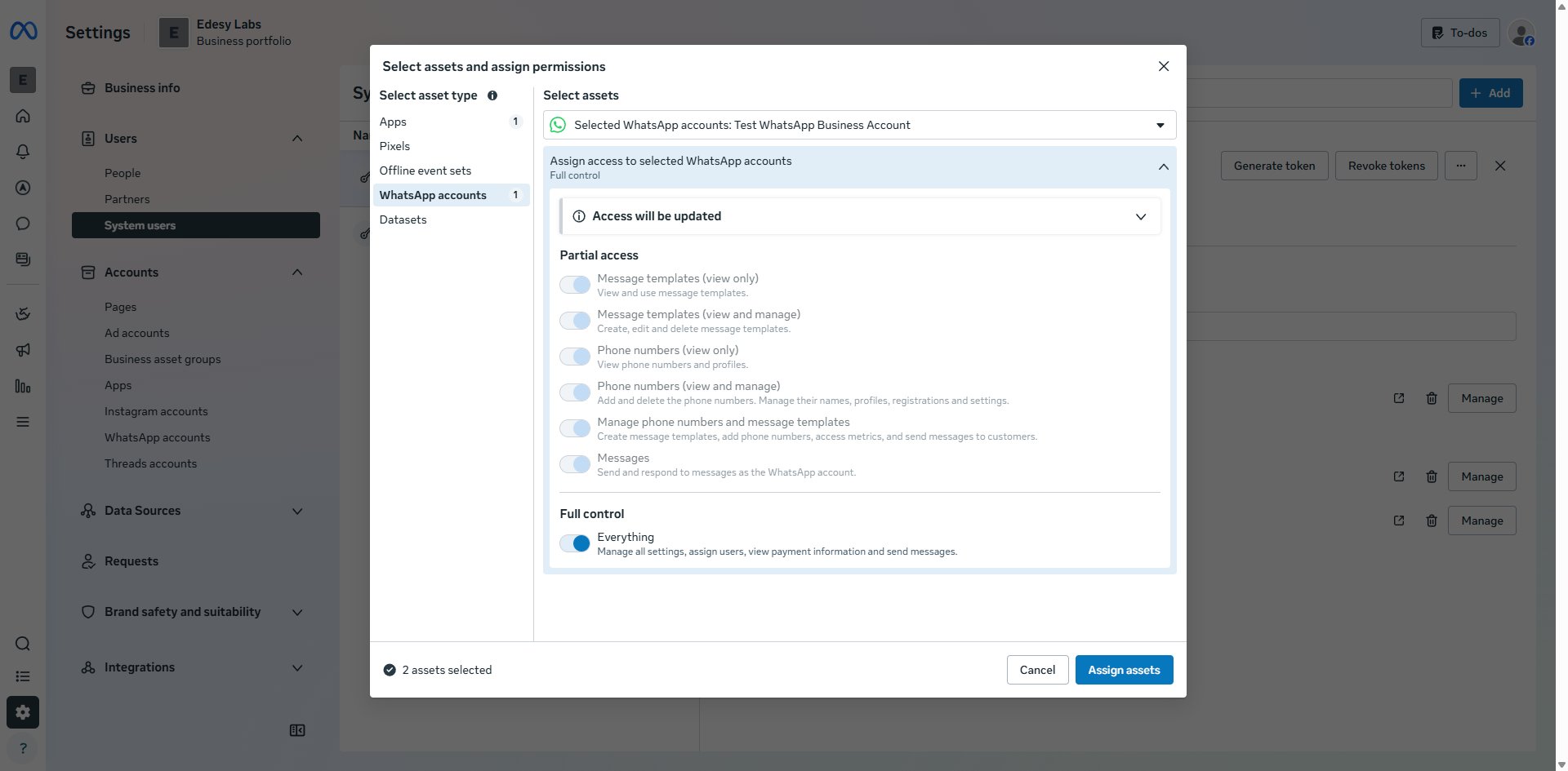 Generate token — Step 3: assign whatsapp_business_management and whatsapp_business_messaging permissions