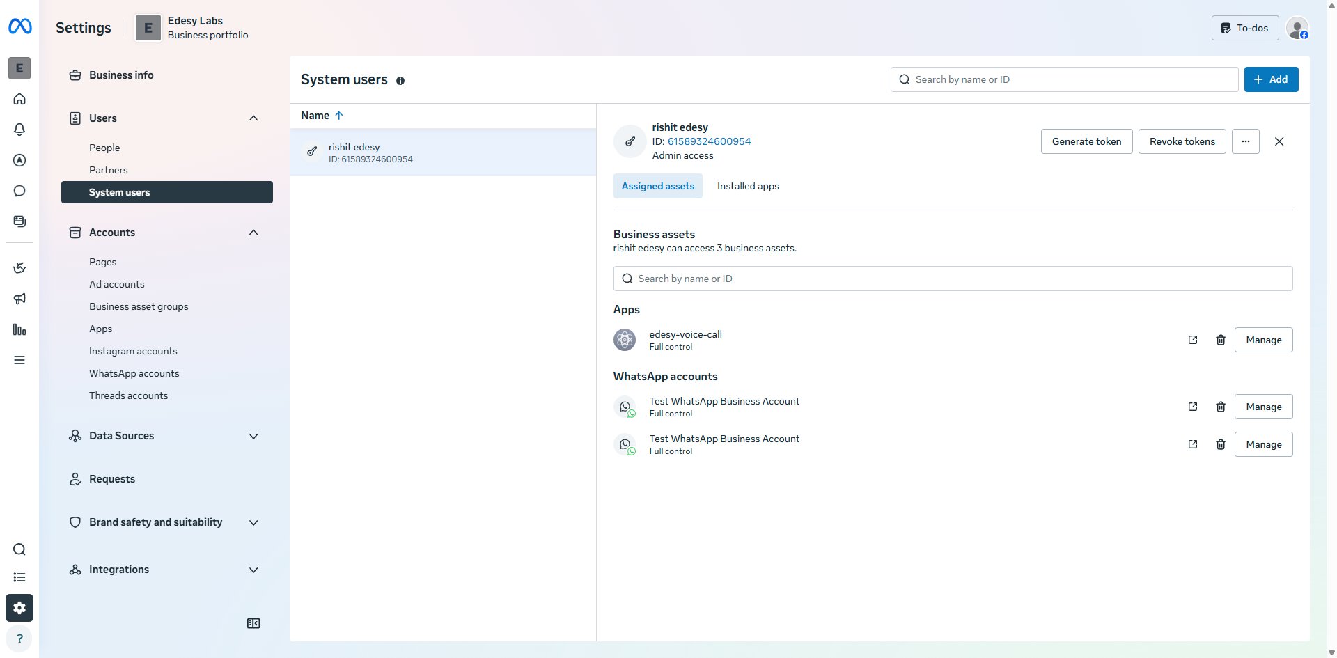 System user assigned assets — app and WhatsApp accounts both with Full control