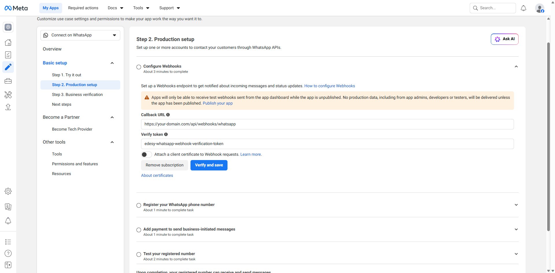 Step 2 Production setup — Configure Webhooks with Callback URL, Verify token, and Webhook fields
